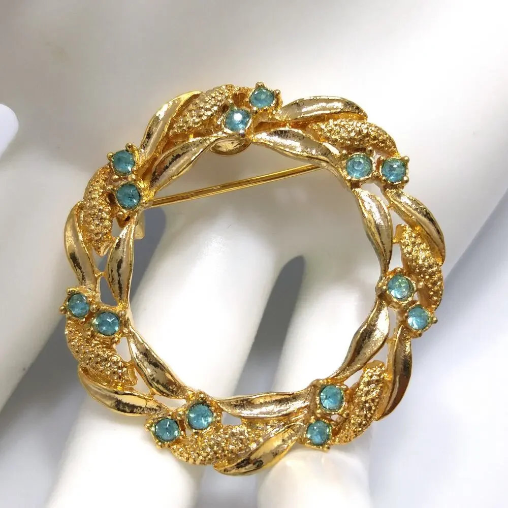 Vintage Wreath Brooch, Signed Gerry's, Light Blue Rhinestones, 1960s Jewelry